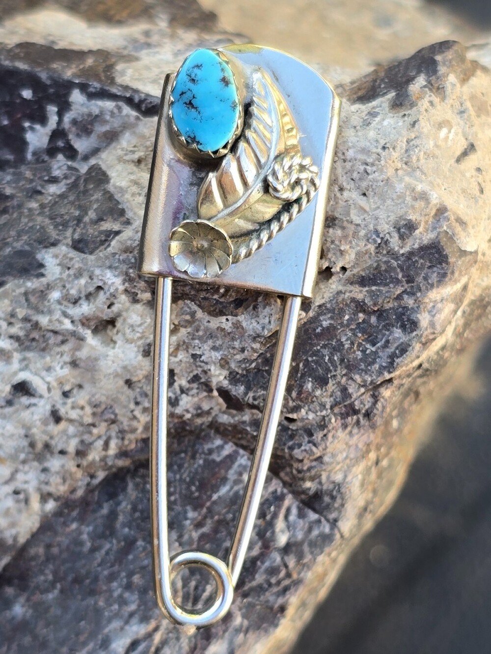 Vintage Southwestern Native American style turquoise lead flower rope safety pin